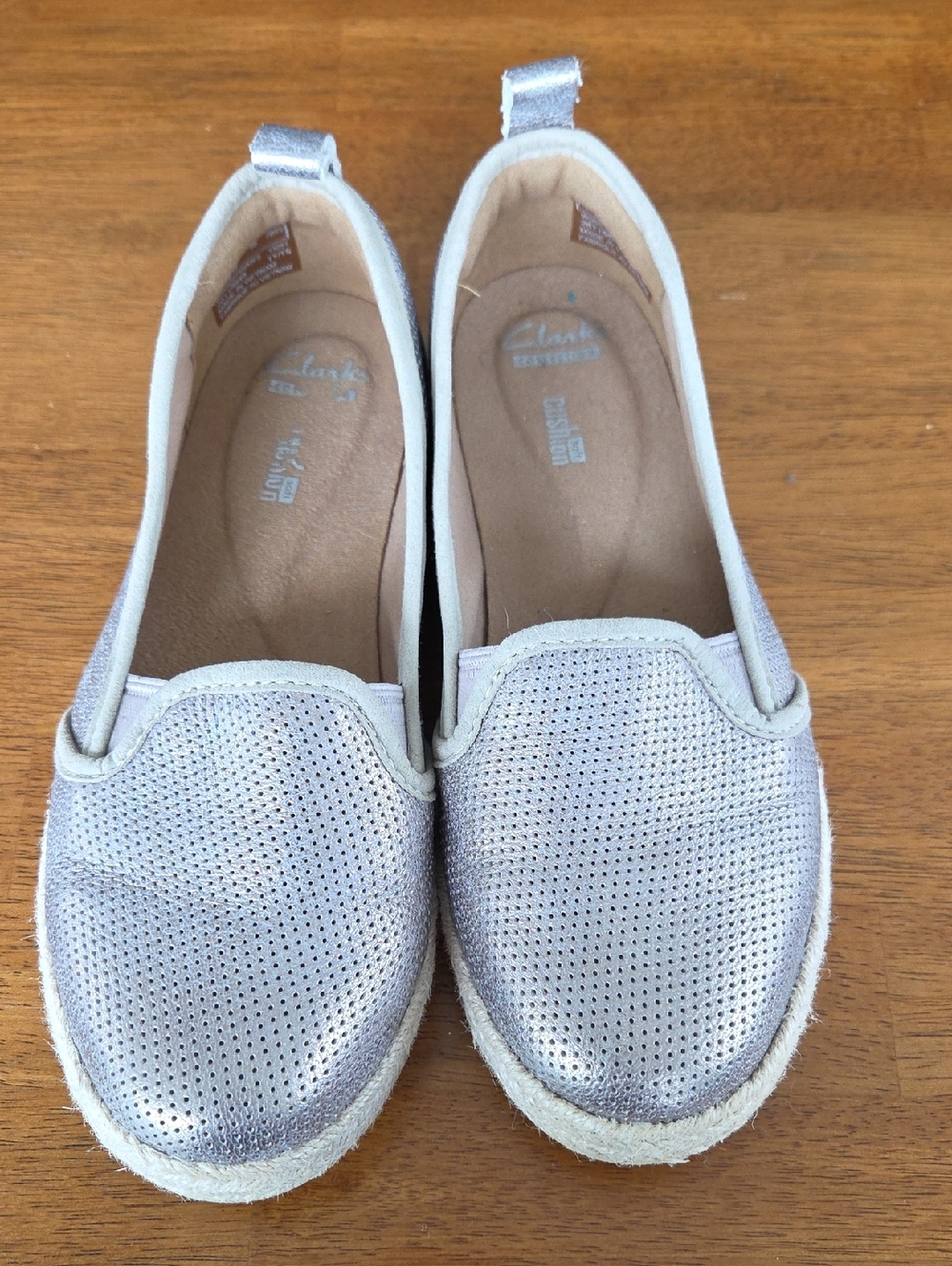 Clarks Silver Metallic Slip-On Perforated Espadrille Flats